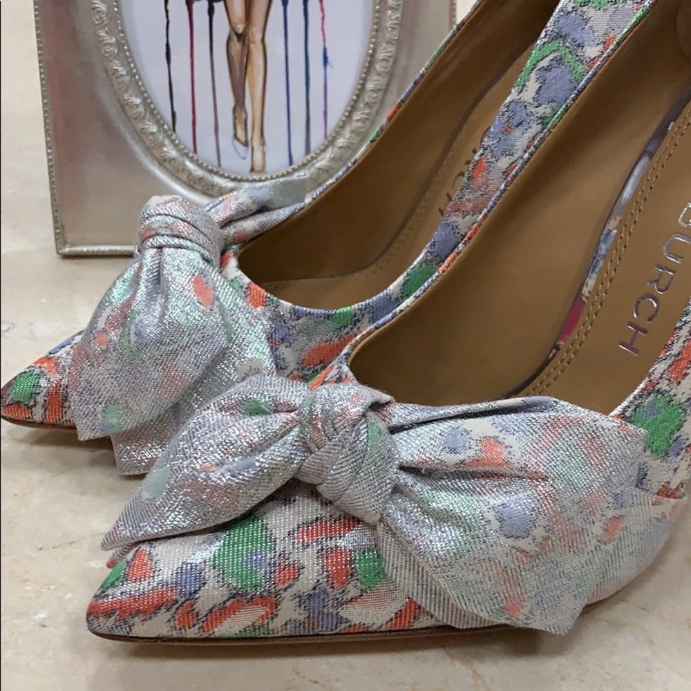 TORY BURCH 110MM BOW PUMP CHINE LUREX JACQUARD FABRIC SILVER HEEL 8 1/2 - Picture 6 of 13